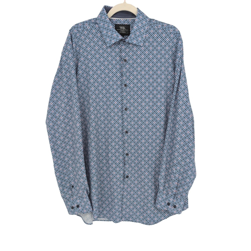 W.R.K Button Down Shirt Mens 17‎ Blue Geometric 4-Way Stretch Performance Work